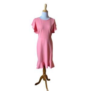 Ruffle Sleeved Knee Length Pink Modest Dress